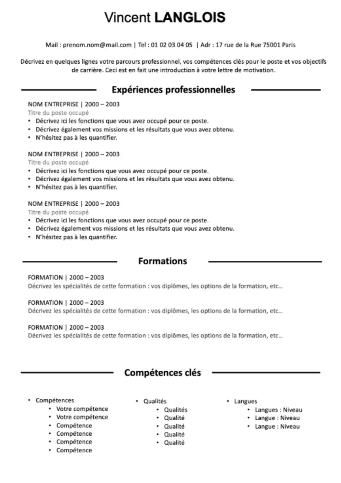 Cv à imprimer